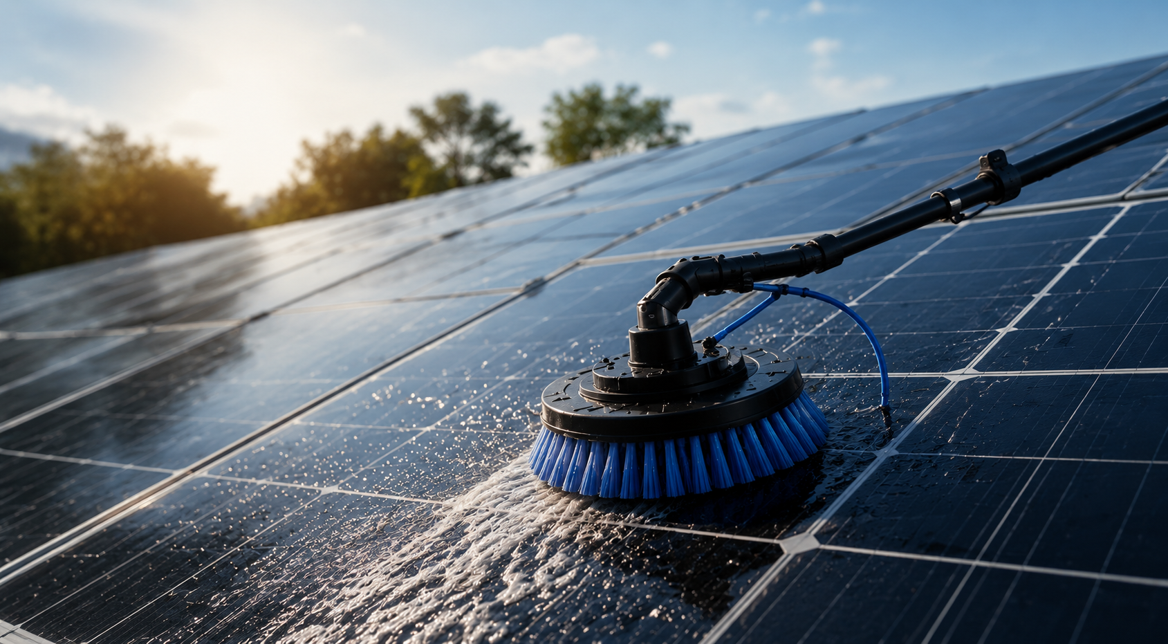 Solar panel cleaning brush washing panels