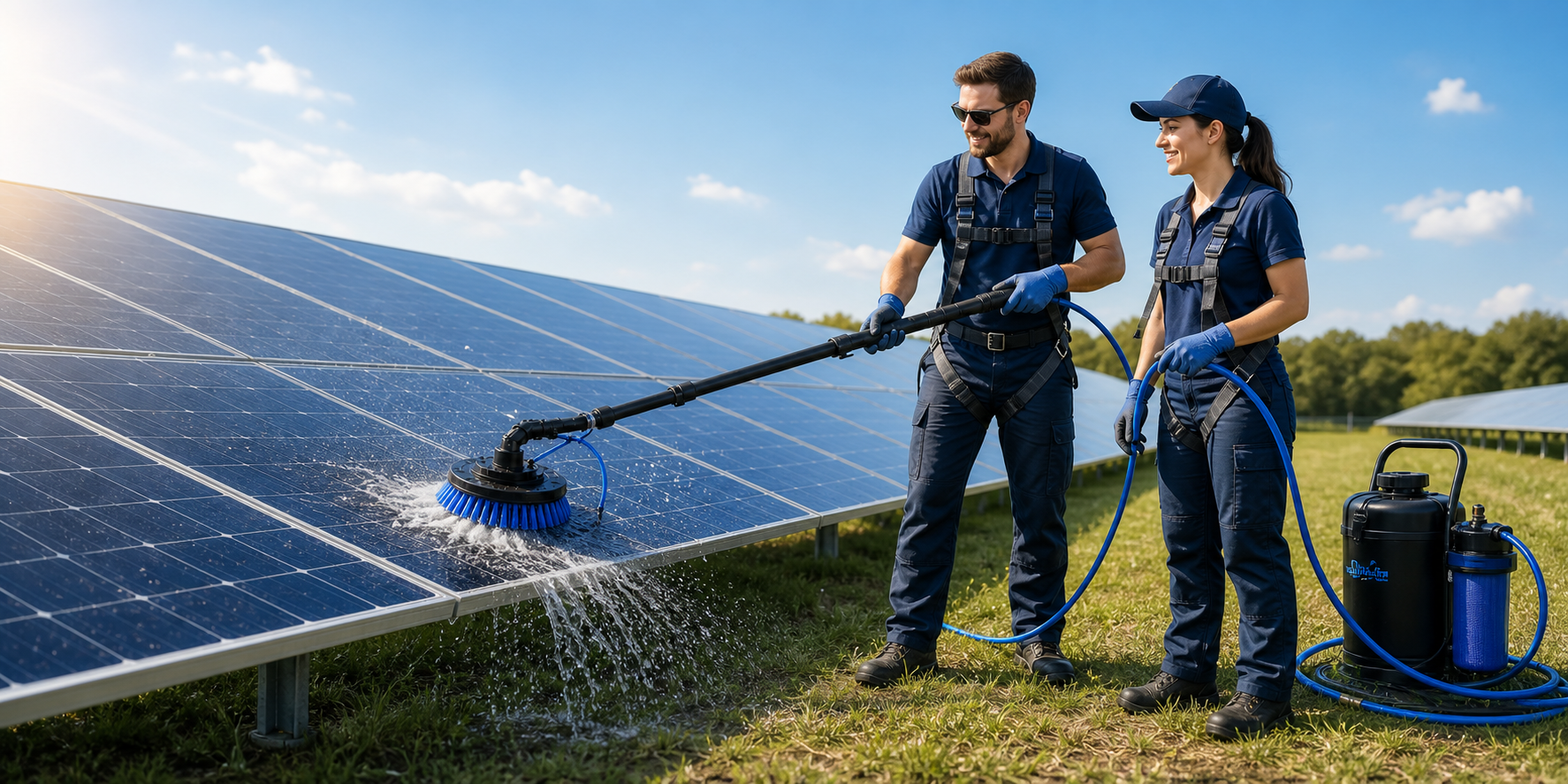 Professional operators cleaning solar panels